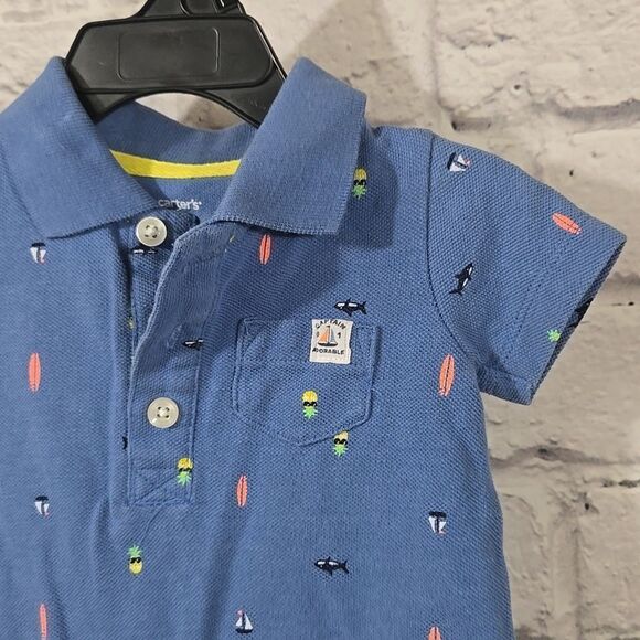 Baby Boy Carter's Shark Sailboat Pique Romper Blue Cotton Polo One-Piece Outfit - Picture 6 of 12